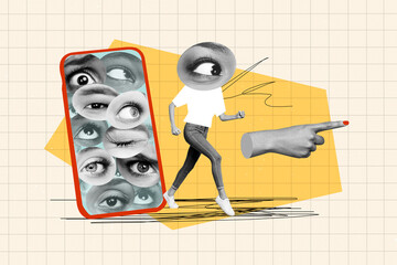 Billboard collage of funny headless absurd surreal eye watching propaganda direct finger smartphone...