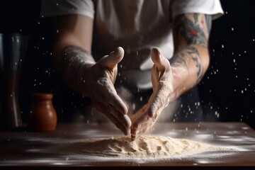 Clap hands of baker with flour. Dark photography food style. Copy space, recipe menu. Generative AI. - obrazy, fototapety, plakaty
