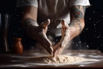 Poster Pain Clap hands of baker with flour. Dark photography food style. Copy space, recipe menu. Generative AI.