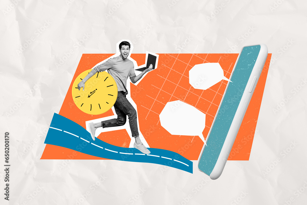 Poster Collage picture of funny hardworking remote freelancer deadline timer running answer dialogues online display isolated on drawn background