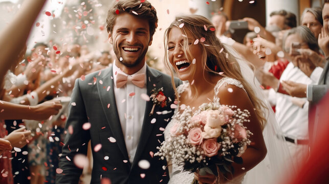 Happy bride at wedding ceremony and people sprinkling flower petals