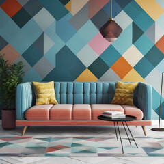 Blue loveseat sofa and side tables of colorful square patterned wall.  Interior design of modern luxury living room