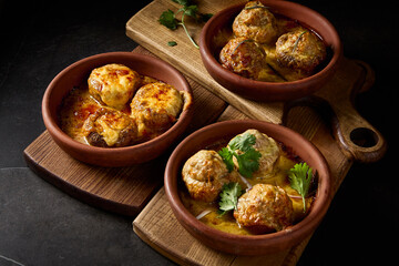 Horizontal side view of savory baked mushrooms, generously filled with suluguni cheese and meat, presented on wooden planks, capturing the essence of minimalist Georgian culinary art