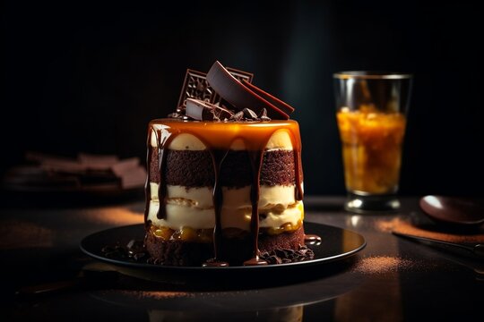 Dessert with three layers chocolate mousse. Exclusive delicacy for Michelin star on dark background. Menu, recipe banner. Generative AI.