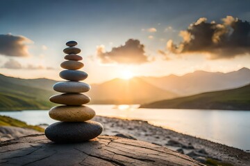 Zen stones stacked against a background of nature.