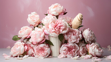 Pink roses in ice-cream cones on white marble table 