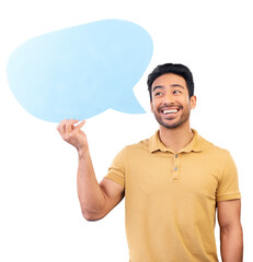 Man, speech bubble and smile for social media, opinion and faq comment isolated, transparent or png...