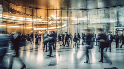 A crowd of people walking in the office lobby with a blurry effect