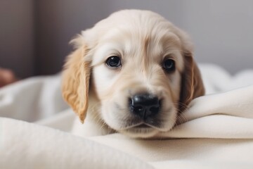 Funny little puppy on a white blanket. The dog looks straight at the camera. Generative AI.