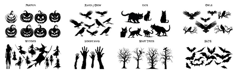 big Set of halloween silhouettes black icon and character. witch, bat, pumpkin owl, cat, dried scary tree, jack o'lantern. Vector illustration