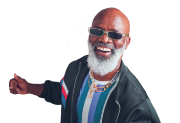Portrait, dance and senior man with a smile, fashion and vintage outfit isolated on a transparent background. Face, mature person and old model with funky sunglasses, png or energy with retro clothes