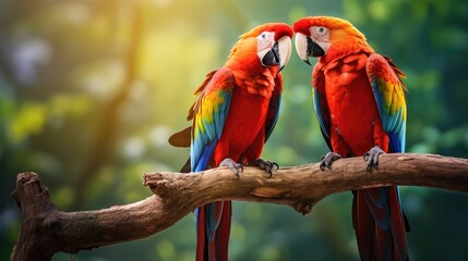 Two red parrots macaw on a branch in jungle. Pair of big parrots