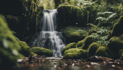 Fototapeta na wymiar Cascading waterfall surrounded by mossy rocks and vibrant ferns