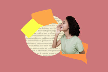 Fototapeta Collage picture of excited mini girl inside dialogue bubble hand near mouth talk speak book text page isolated on pink background obraz