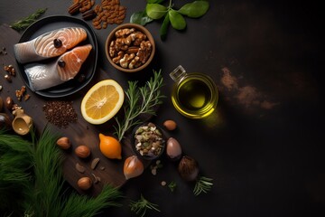 Obraz na płótnie Canvas Omega 3 natural food sources concept, top down view with copy space. Keto diet ingredients on dark background. Generative AI.