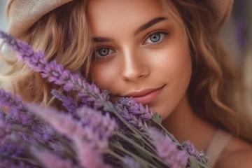 Zelfklevend Fotobehang Young pretty woman with long hair standing near lavender field © Canvas Alchemy