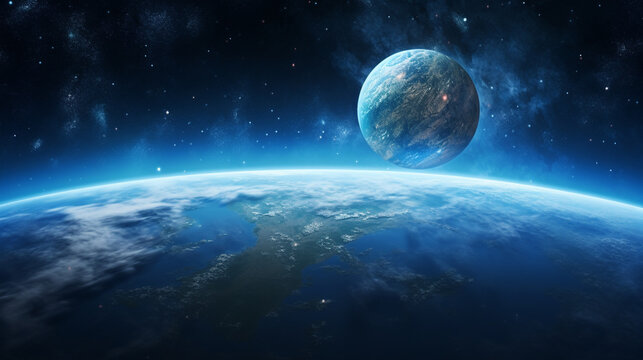 Blue earth in space and galaxy