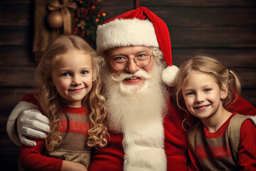 Fototapeta na wymiar Santa Claus and two cute children smiling on Christmas. Generative Ai