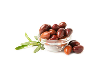 Delicious red olives isolated on white background. Marinated olives in a bowl. Delicious olives. Close-up. Vegan.