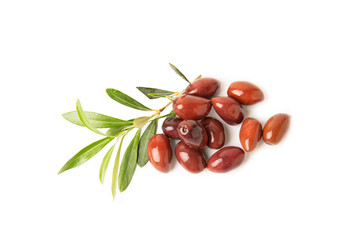 Delicious red olives isolated on white background. Marinated olives in a bowl. Delicious olives. Close-up. Vegan.