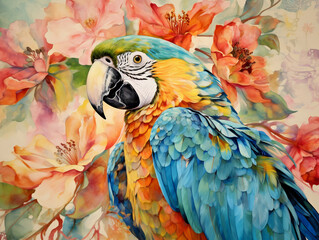 Abstract close up of blue and yellow macaw parrot with floral with watercolor and acrylic style