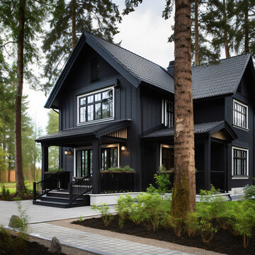 Luxury Finland style cottage with black gablet in forest