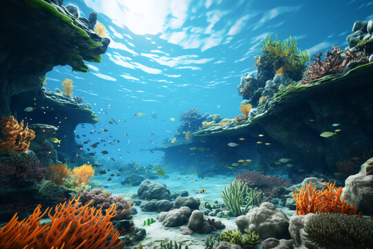 Corals, reef, rocks, fish, nature and world ocean, illustration. Generative AI. View underwater to surface ocean, sunbeam penetrate through the top layer of the ocean, image