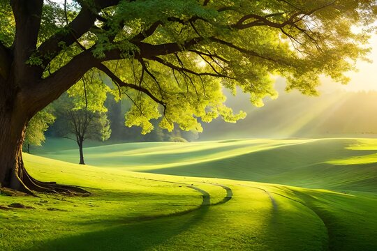 Beautiful morning light in public park with green grass field stock phot