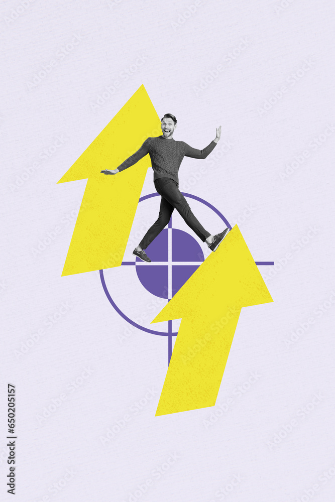 Poster vertical composite creative photo collage of positive satisfied man walking on arrows directing up i