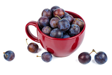 Tasty ripe plums in big clay cup isolated on a white background