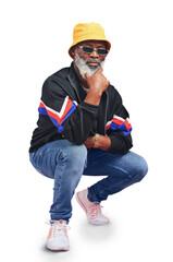 Portrait, attitude and urban with a senior black man isolated on a transparent background for hip...