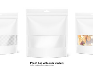 Pouch bags with transparent window mockups on white background with sample. Screen mode overlay, it's easy to make a realistic mockup of your product. Vector illustration. EPS10.