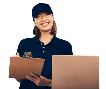 Woman, clipboard and signature with box for delivery, portrait and distribution isolated on png transparent background. Supplier, ecommerce with invoice paperwork, package and courier for shipping