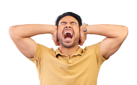 Man, scream and stress with hands over ears in frustration with anxiety, headache and eyes closed. Asian model, angry and isolated on a transparent png background for mental health, burnout and pain