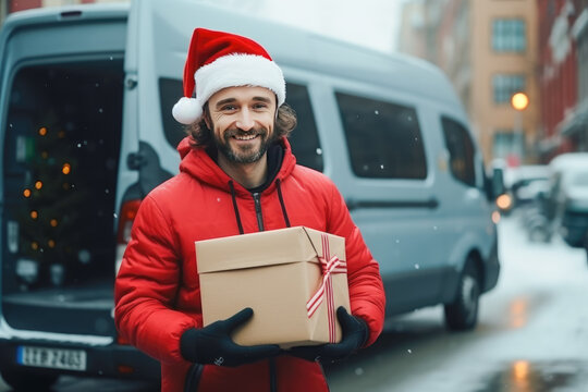 A delivery man in a Santa Claus hat brought a gift, an online order, on a cargo van.