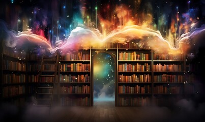 beautiful bookshelf background with colorful light splashes, Generative Ai
