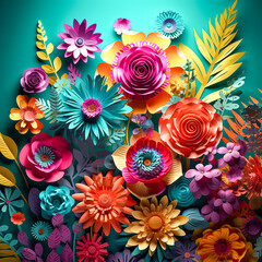 Beautiful colorful paper flowers background, generative AI.