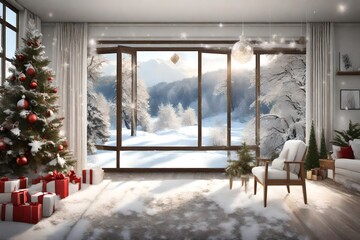 3d rendering Christmas tree at window beautiful view to snow 