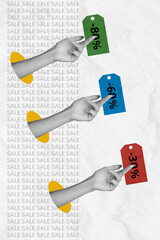 Banner sketch collage of people paying with discount coupon autumn black friday special sale...