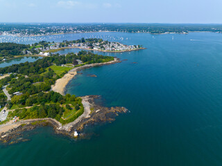 Winter Island Lighthouse and Waikiki Beach aerial view on Winter Island in summer at Salem Harbor in city of Salem, Massachusetts MA, USA.  