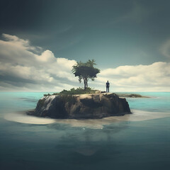 Man standing on a small island in the sea. 3d rendering - obrazy, fototapety, plakaty