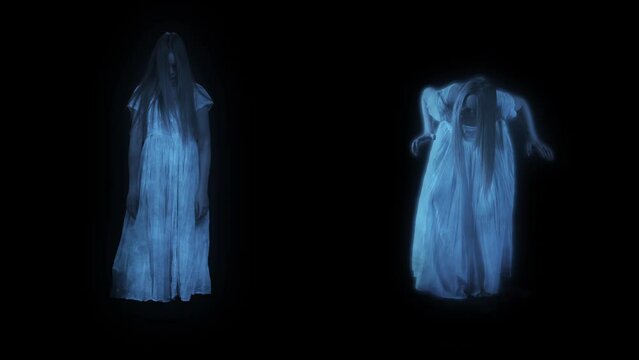 Full-size video capturing two female figures, poltergeist, ghost silhouettes, hologram moving weirdly. Black background.