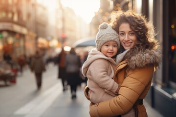 Young woman with her toddler daughter at the winter snowy park. Tiny smiling girl in the arms of her young beautiful mother on a frosty day in a city park