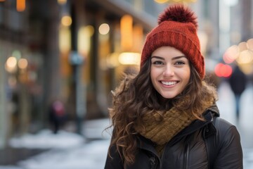 Beautiful young woman with perfect white smile posing warmly clothed in winter