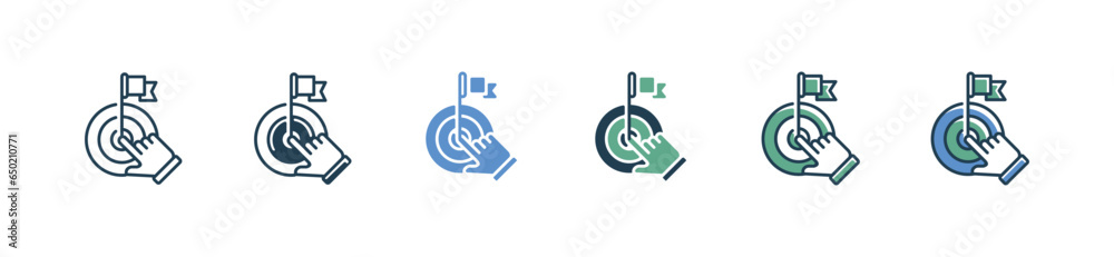 Aufkleber hand pointing target arrow archery icon with flag in the center vector business challenge bullseye success objective strategy marketing symbol illustration
