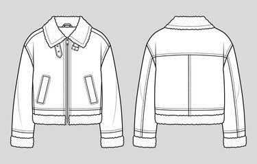Oversized short leather jacket with fur. Unisex style. Fashion sketch. Flat technical drawing. Vector illustration. - obrazy, fototapety, plakaty