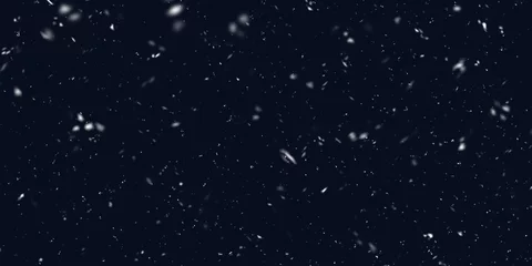 Foto op Aluminium Falling snow isolated on black background. Falling snow at night. Bokeh lights on black background, flying snowflakes in the air. Winter weather. Overlay texture. © Aquarium