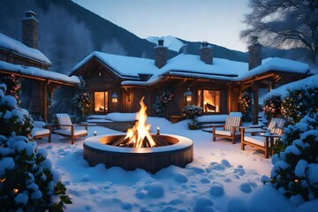 3d rendering Modern outdoor patio with a fire pit comfortable seating place - obrazy, fototapety, plakaty