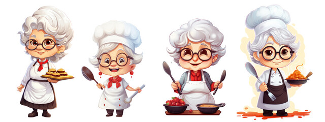 An old grandma cooking or baking, cartoon, cute, comic, isolated or white background