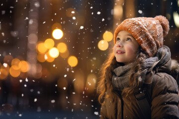 Little girl looking the snow in the city at night. Commercial photo. Photography with generative AI